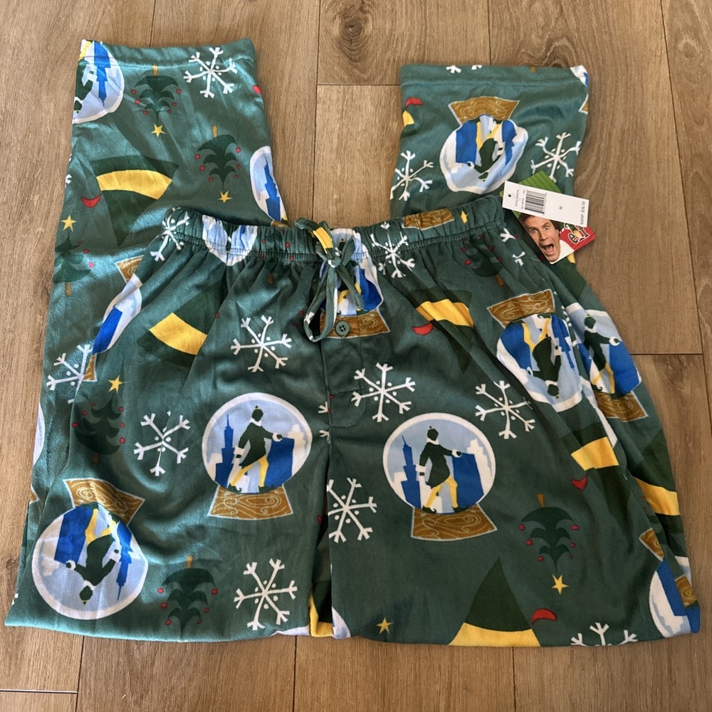 Elf Christmas Men's Fleece Velvet Green Snow‎ Globe Holiday Pajama Pants Medium